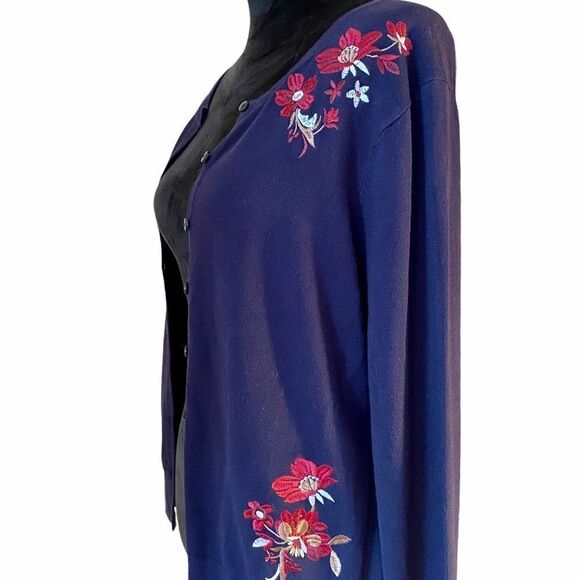 Charter Club Navy Blue Long Sleeved Flowered Cardigan - Picture 2 of 3